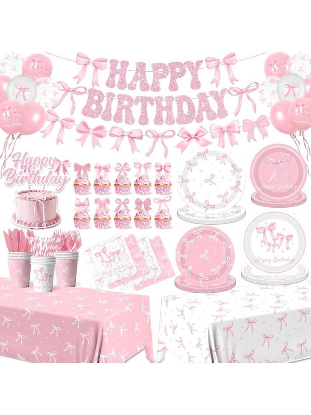 Pink Bow Birthday Party Supplies for 24 - Cute Decorations, Plates, Napkins